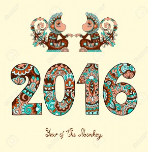 original design for new year celebration with decorative ape and inscription - 2016 Year of The Monkey - on light yellow color background, vector illustration